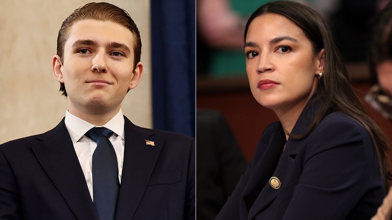 Barron Trump smiling (left) and Alexandria Ocasio-Cortez frowning (AOC) (right)