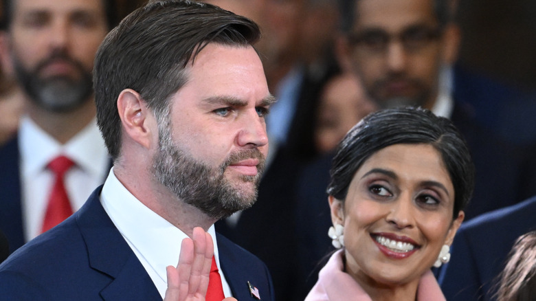 Usha Vance gazing at JD Vance as he's sworn in as vice president
