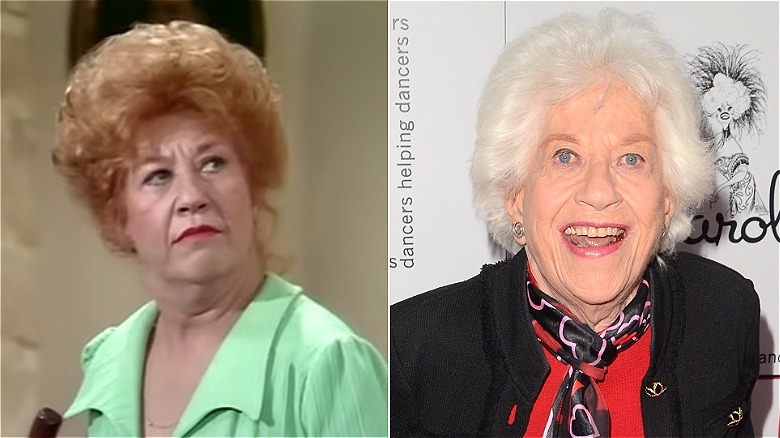 Split photo of Charlotte Rae as Mrs. Garrett and attending an event in 2017