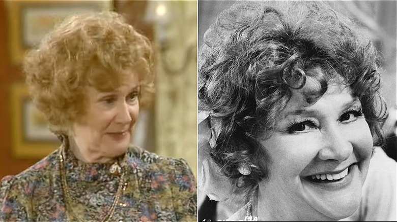 Split photo of Dody Goodman as Aunt Sophia Drummond and smiling in black and white photo