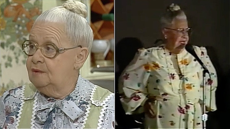 Split photo of Nedra Volz as Adelaide Brubaker in "Diff'rent Strokes" and performing on stage with a band