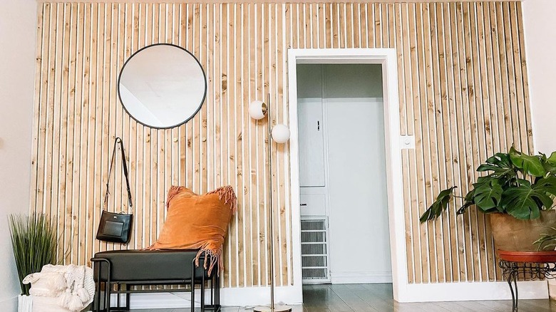 A wood slatted wall 