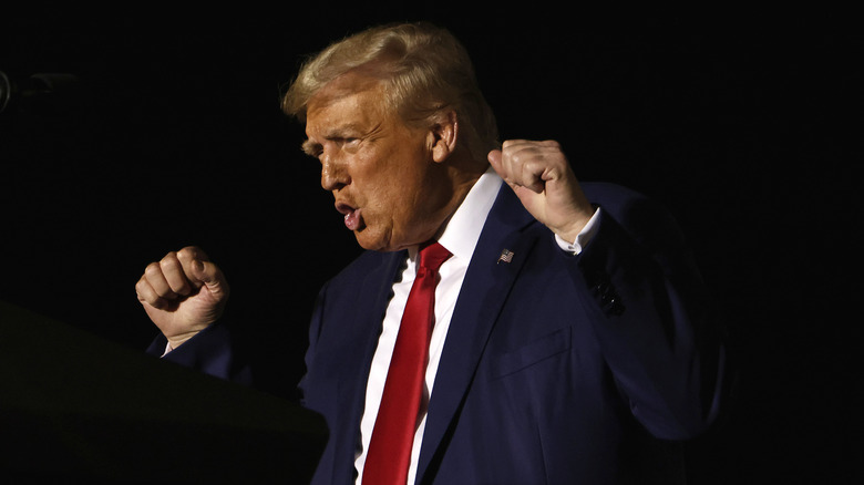 Donald Trump raising two fists during a speech