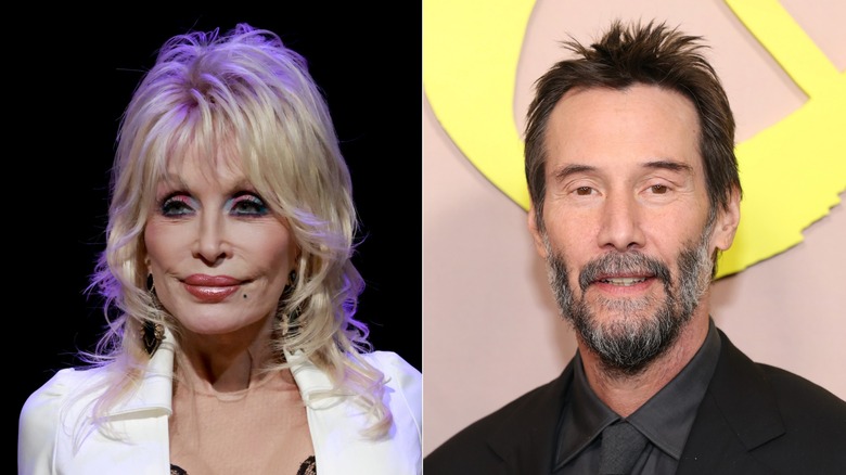 side-by-side photos of Dolly Parton and Keanu Reeves smiling