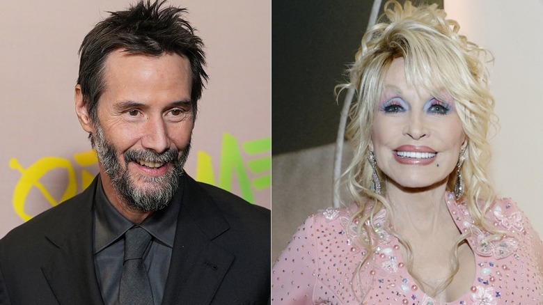 side-by-side photos of Keanu Reeves and Dolly Parton both smiling