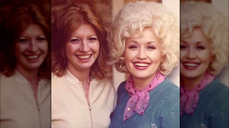 Judy Ogle and Dolly Parton in pink scarf and blue sweater