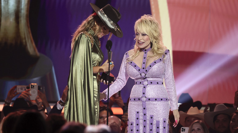 Dolly Parton on stage at the 2023 ACMs