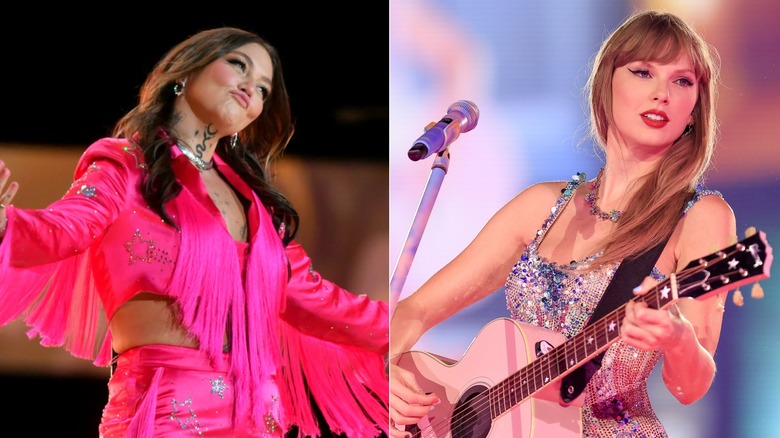 Elle King smirking & Taylor Swift playing guitar