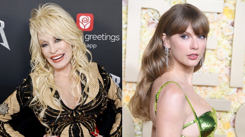 Dolly Parton smiling & Taylor Swift looking over shoulder