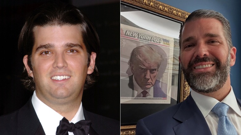 Donald Trump Jr. poses in front of Donald Trump's framed mugshot