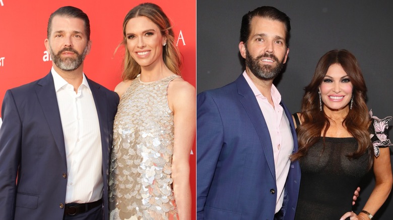 Donald Trump Jr. with his arm around Bettina Anderson beside a photograph of Donald Trump Jr. with his arm around Kimberly Guilfoyle.