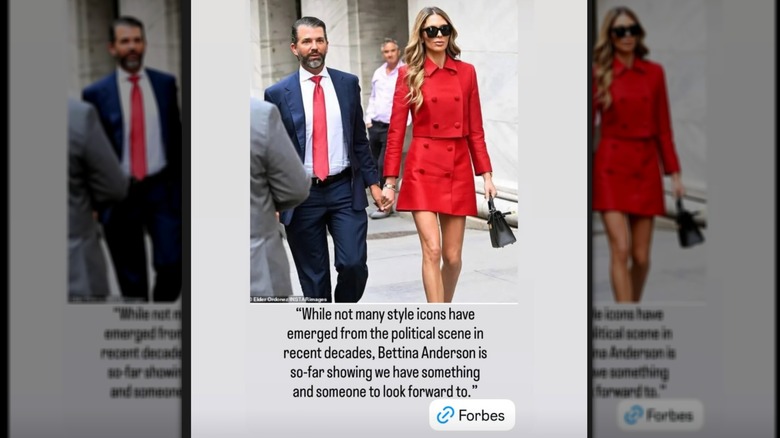 screenshot of Bettina Anderson and Donald Trump Jr. walking together with Forbes quote beneath