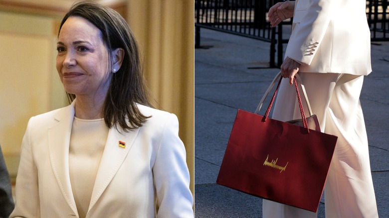 left image shows Maria Corina Machado on a visit to the White house, right image shows Maria Corina Machado holding a Donald Trump gift bag