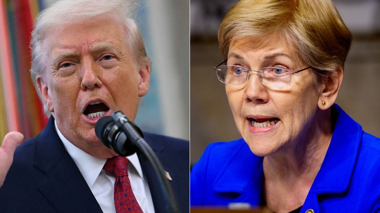 Split image of Donald Trump and Elizabeth Warren and Donald Trump yelling