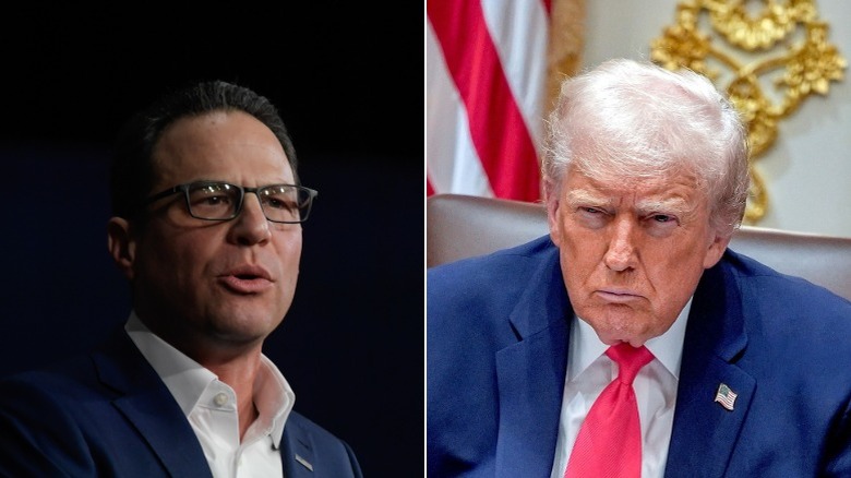 Josh Shapiro looks at a teleprompter during a speech