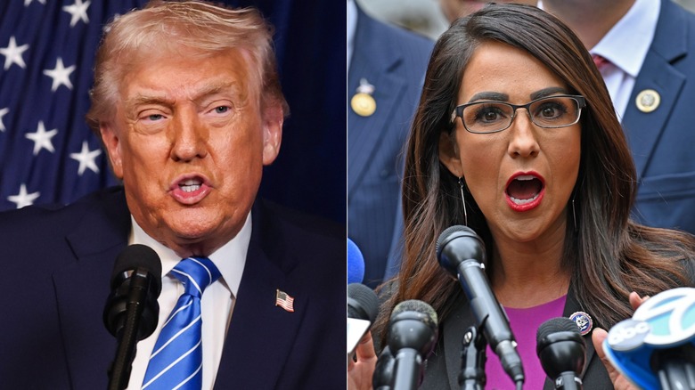 left image shows Donald Trump in front of a microphone making a speech, right image shows Lauren Boebert also in front of a microphone in the middle of a crowd