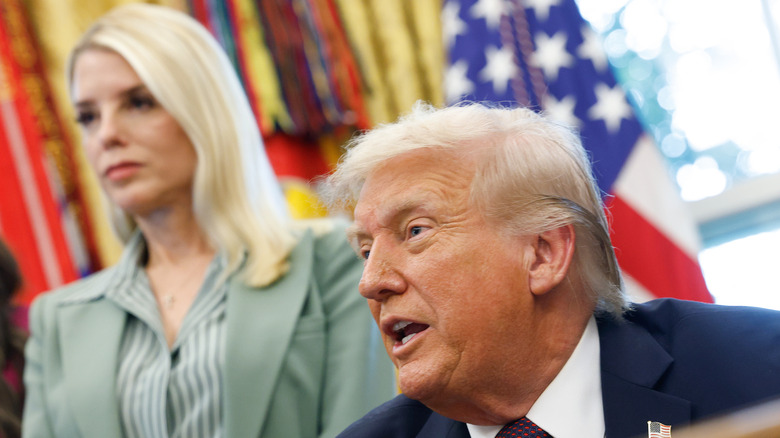 Pam Bondi standing behind Donald Trump in the Oval Office