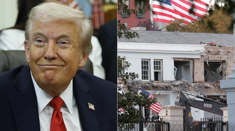 Donald Trump in the Oval Office in October 2025 (left), demo crews tear down parts of the East Wing of the White House in October 2025 (right).