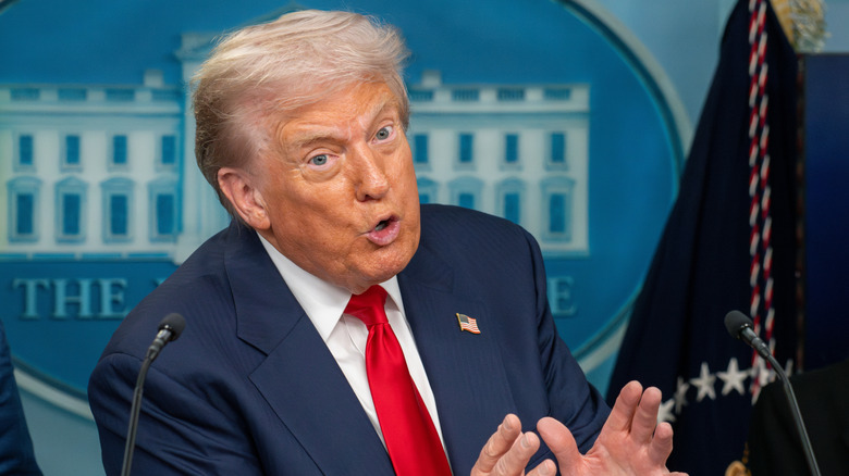 Donald Trump speaking during a press briefing at the White House