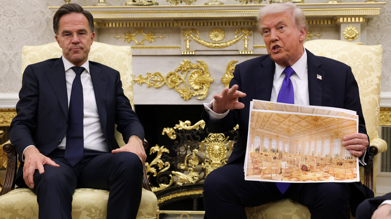 Donald Trump brandishing designs of the White House ballroom