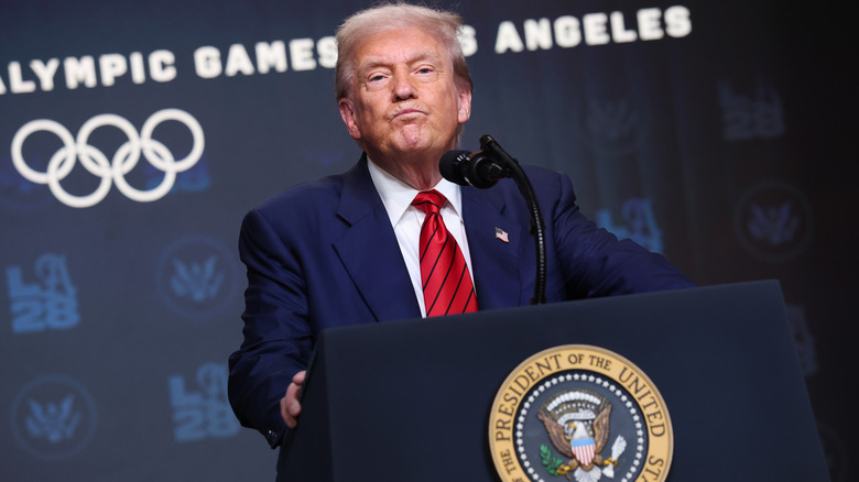 Donald Trump pursing his lips during a speech