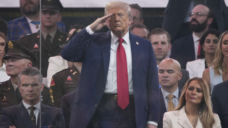 Donald Trump saluting during the United States' Army's 250th anniversary festivities