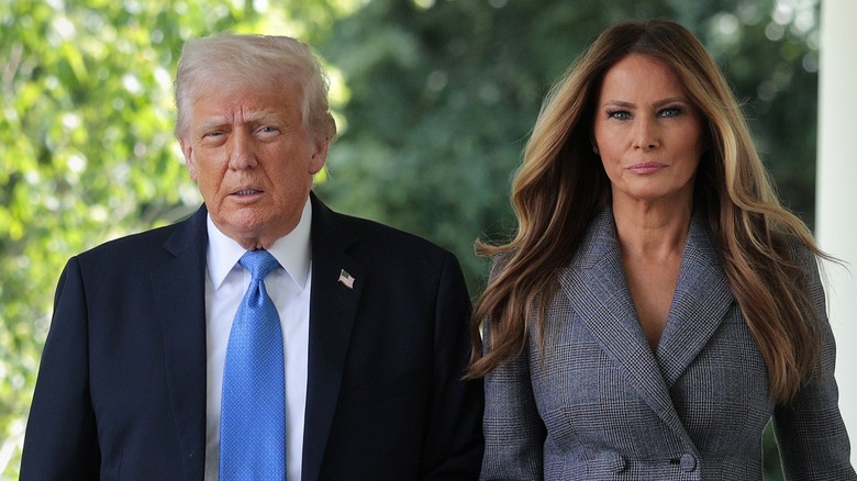 Donald Trump and Melania Trump arrive for a signing ceremony in the Rose Garden (2025)