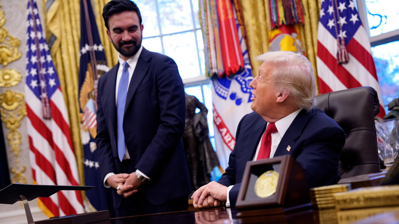 Donald Trump looking at Zohran Mamdani in the Oval Office