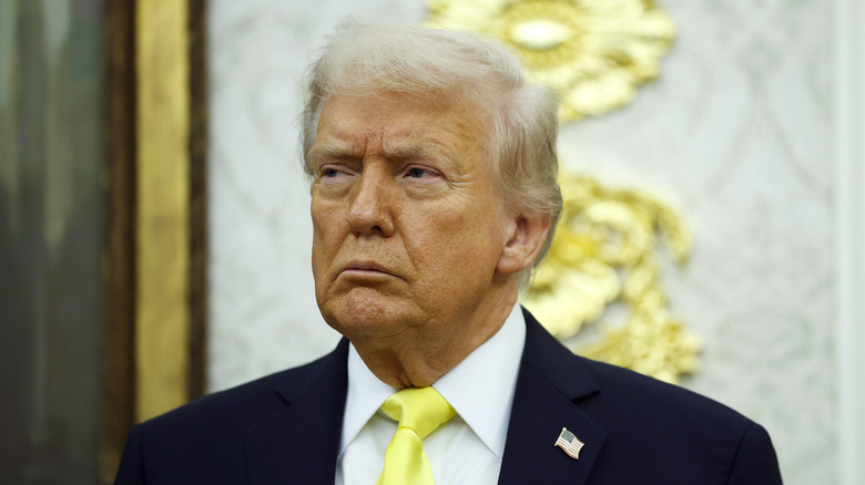 Donald Trump in a gold tie staring off to the side.