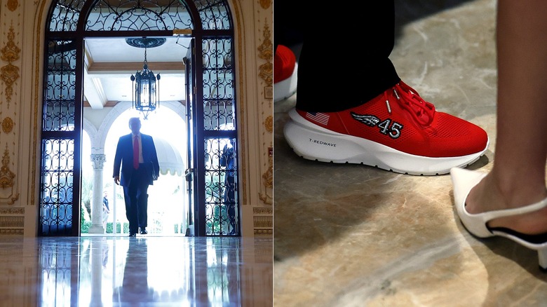 Donald Trump entering Mar-a-Lago ballroom/shoes on ballroom floor