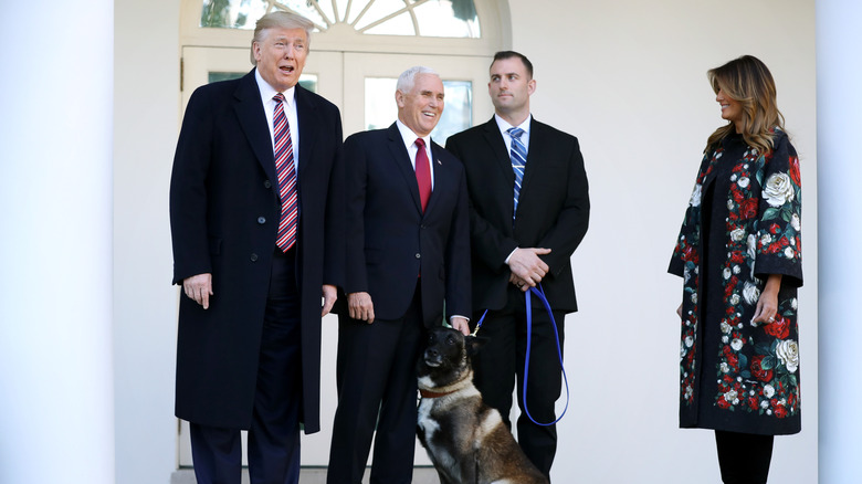 Donald Trump and Mike Pence standing next to a dog