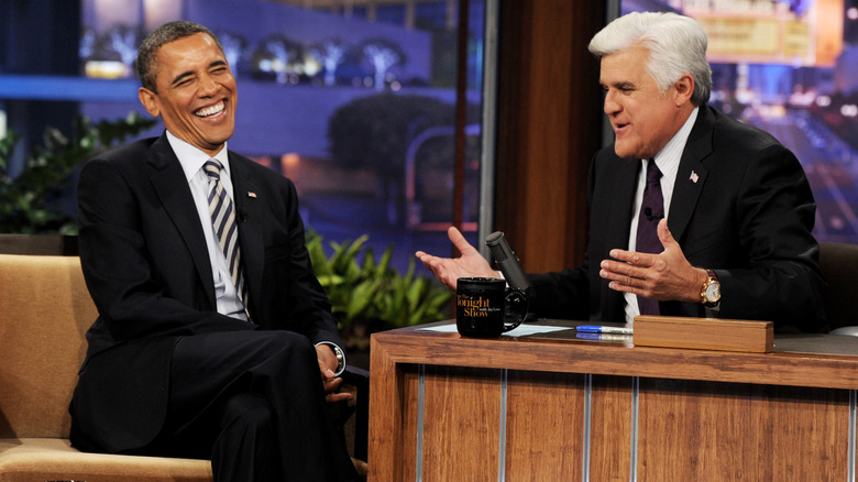 Barack Obama laughing with Jay Leno on "The Tonight Show"