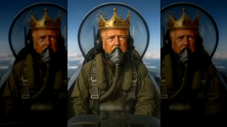 AI Donald Trump wearing crown and sitting in fighter jet cockpit