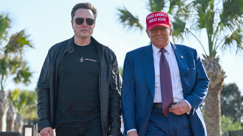 Elon Musk and Donald Trump walking together outside while smiling