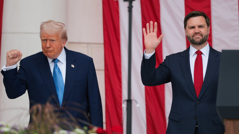 Donald Trump with fist and JD Vance waving