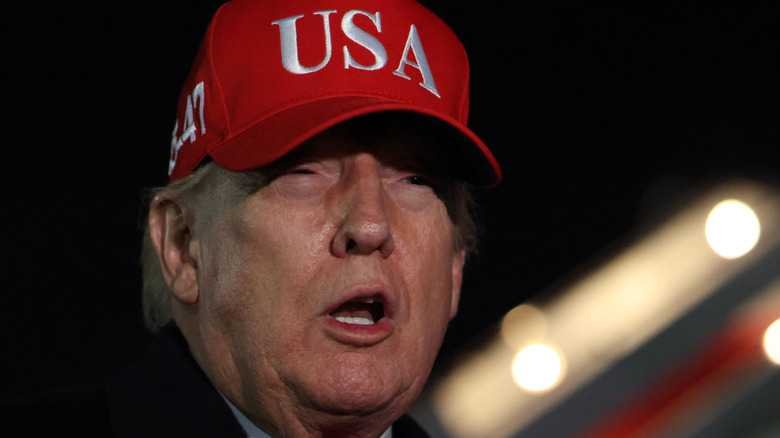 Donald Trump wearing a red USA hat