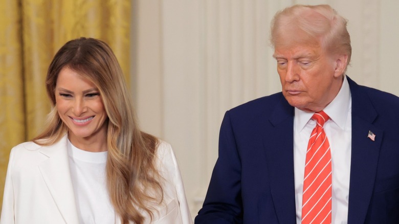 Melania Trump and Donald Trump during an event for Military Mothers in the White House (2025)