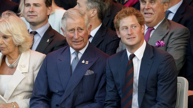 Queen Camilla, King Charles, and Prince Harry pictured sitting alongside each other in 2014