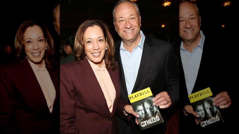 Kamala Harris and Doug Emhoff holding a Playbill