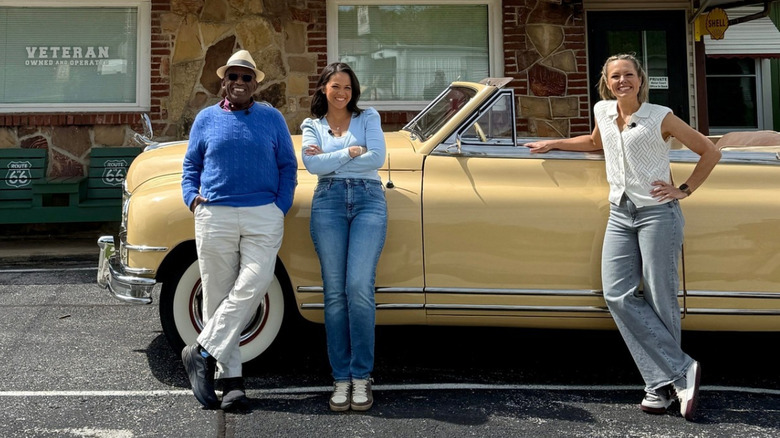 Al Roker, Laura Jarrett, and Dylan Dreyer stand in front of a yellow convertible