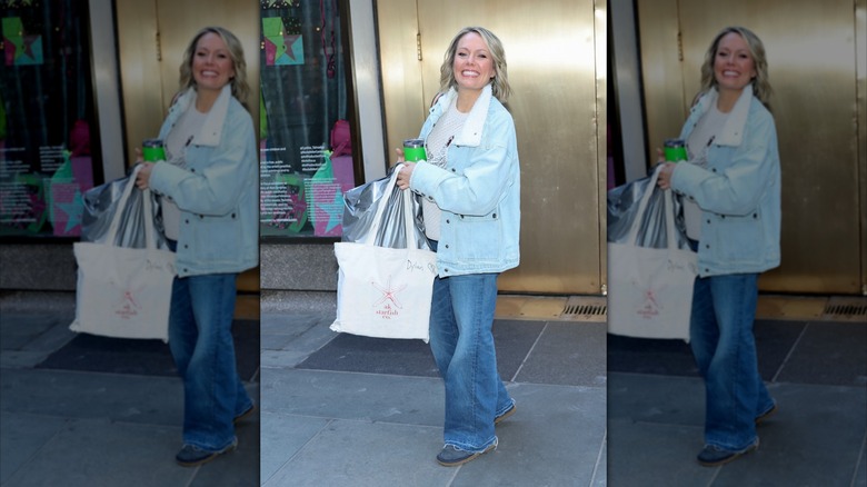 Dylan Dreyer wears a jean jacket with jeans