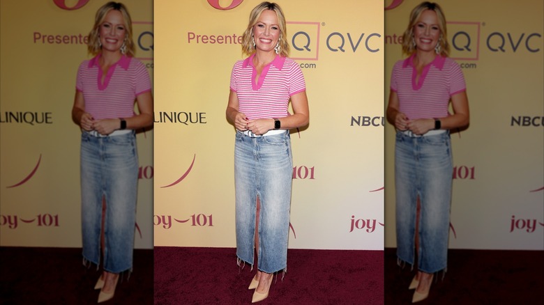 Dylan Dreyer in a pink shirt and jean skirt
