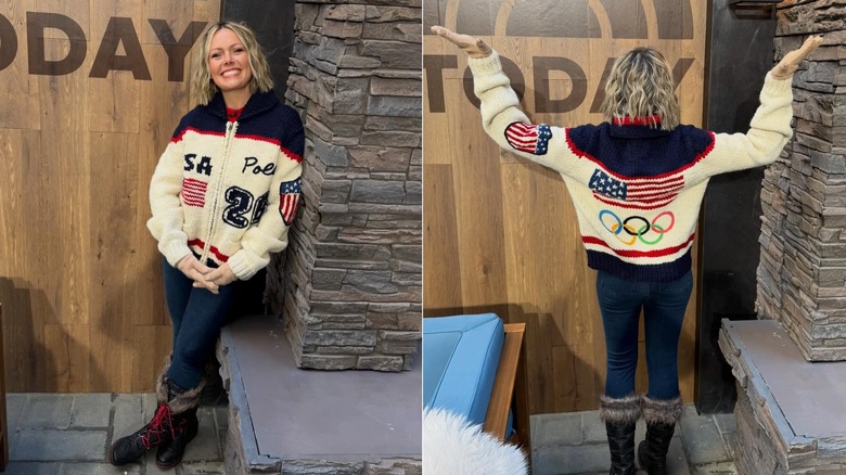 Side-by-side photos of Dylan Dreyer's front and back, showing off her Olympics sweater