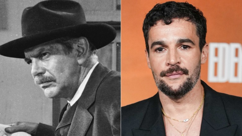 A black-and-white still of Raymond Massey from 'East of Eden' next to a photo of Christopher Abbott
