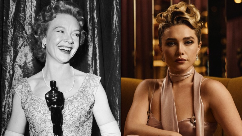 A black-and-white photo of Jo Van Fleet holding an Oscar next to a photo of Florence Pugh