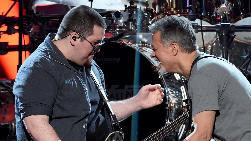 Eddie and Wolfgang Van Halen performing on stage