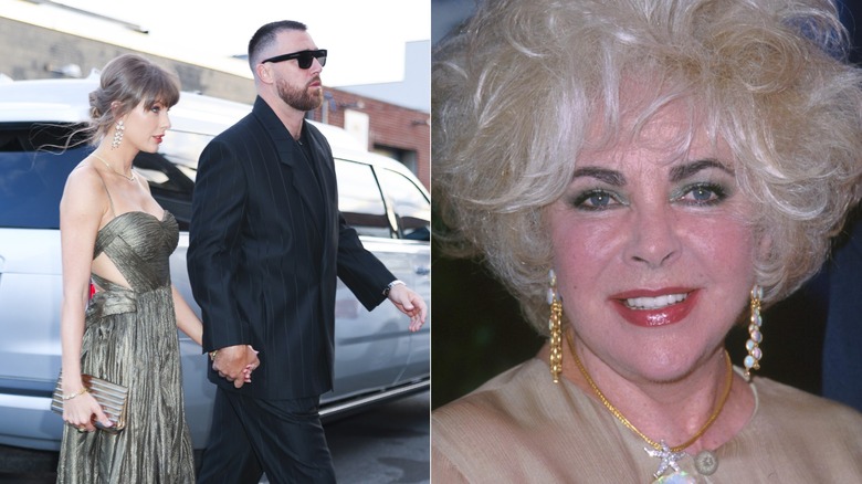 Split image of Travis Kelce and Taylor Swift holding hands in New York City & Elizabeth Taylor smiling at an event in 1999.