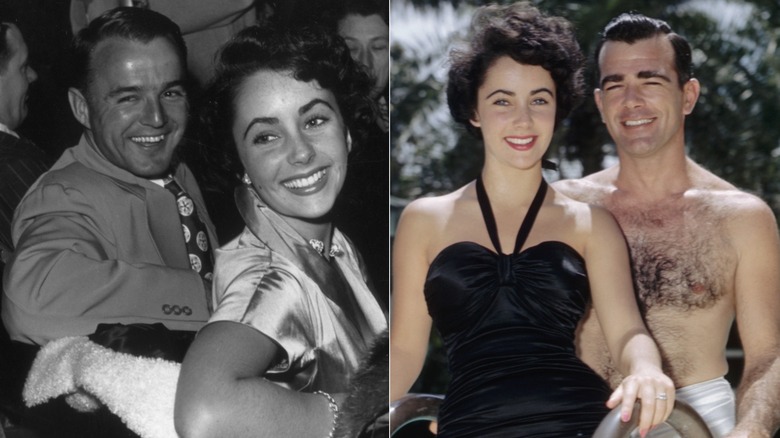 Split image of Elizabeth Taylor with Glenn Davis at a theater and with William Pawley Jr. in swimwear