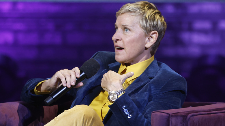 Ellen DeGeneres on stage during the "Michelle Obama: The Light We Carry Tour" in 2022
