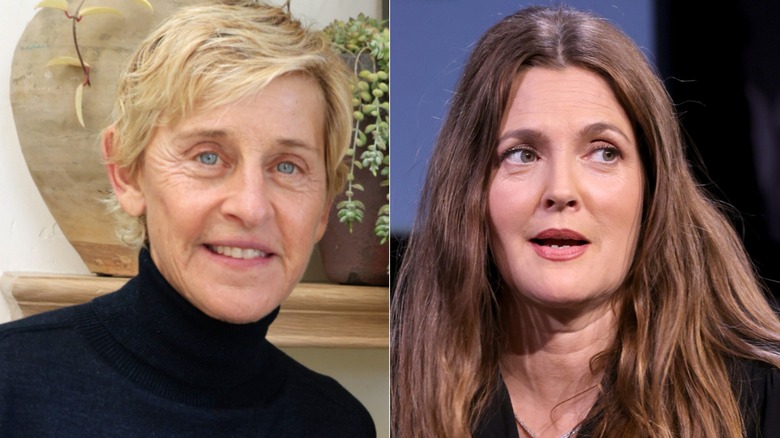 Side-by-side images of Ellen DeGeneres and Drew Barrymore